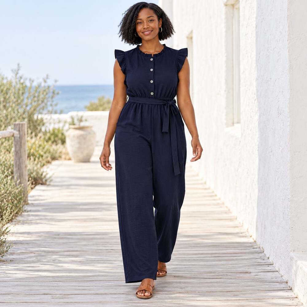 Monteau Jumpsuit WMNS M Black Ruffle Button Front Tie Waist Wide Leg Romantic